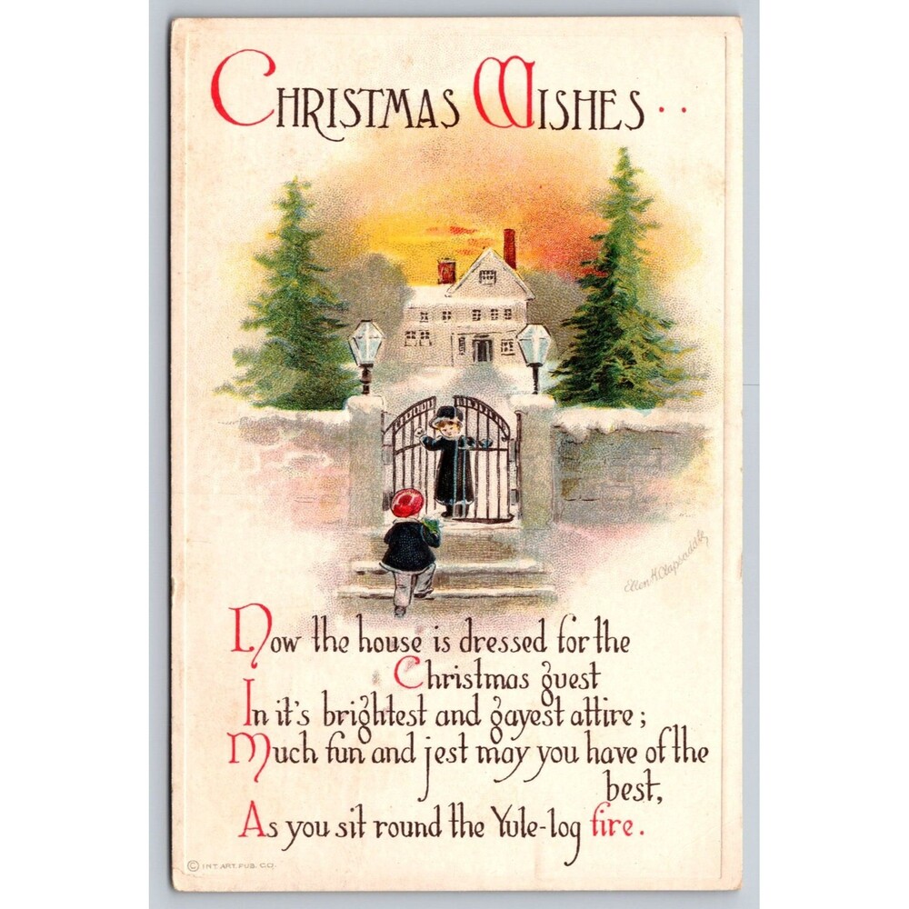 Postcard Christmas Wishes Embossed Ellen Clapsaddle Posted 1916 NH House Snow